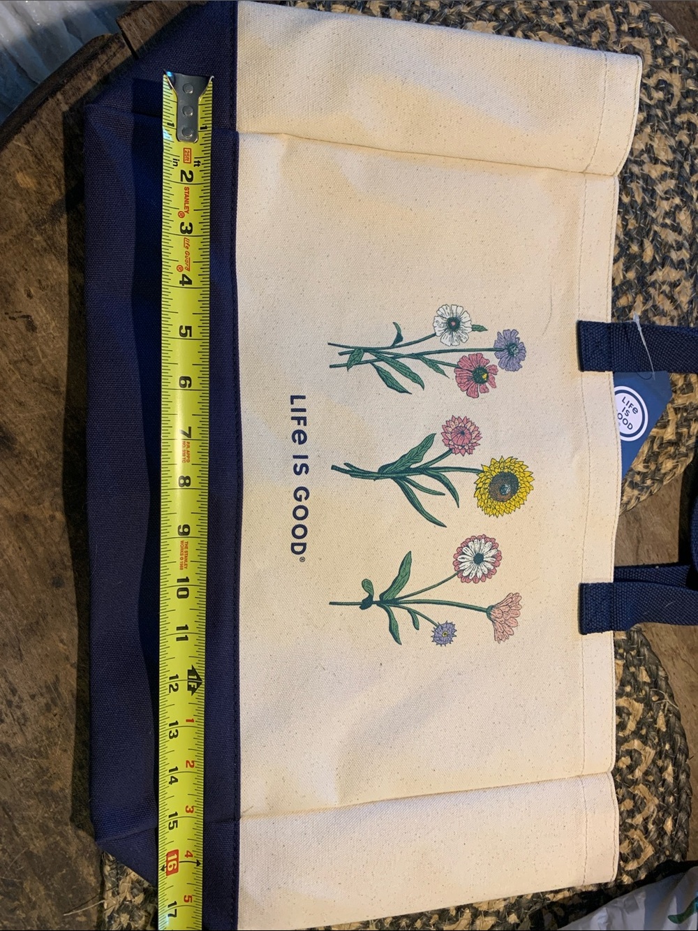 Life Is Good Canvas Tote with Floral Design - Navy & Cream - Picture 10 of 11